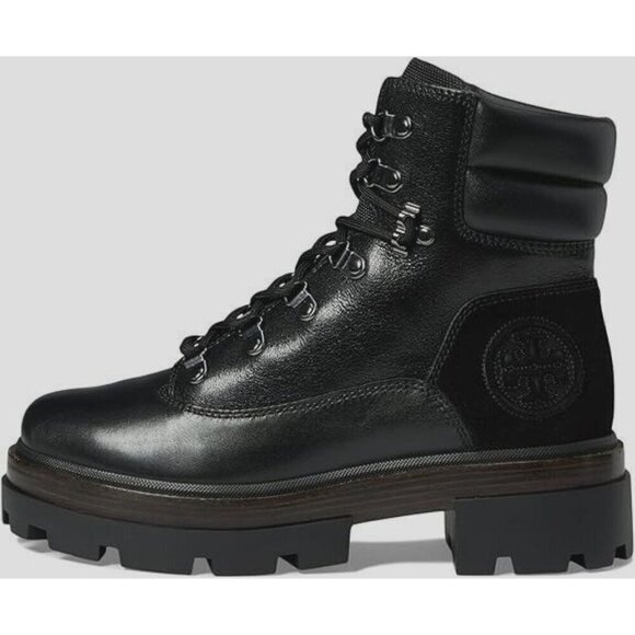 Tory Burch Miller Black Leather Suede Logo Lug Hiker Moto Ankle Boots - Picture 2 of 16